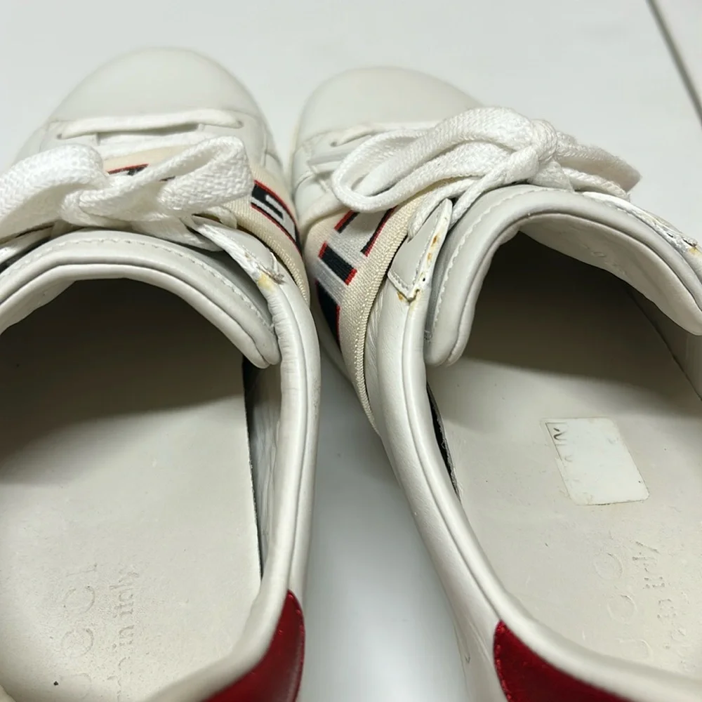 GUCCI Calfskin Stripe Men’s New Ace Sneakers New Mystic White Ecru Red Flame